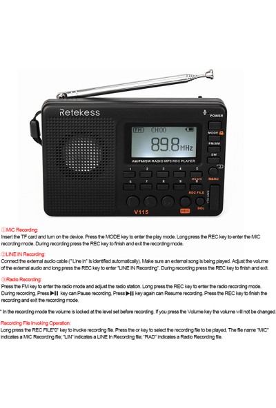 Retekess Uyku Zamanlayıcısı Black V-115 Fm / Am / Sw Radyo Multibant Radyo Alıcısı Kayıt Kaydedici Bas Ses Mp3 Çalar (Yurt Dışından)