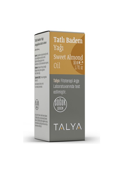 Tatlı Badem Yağı, Soğuk Sıkım, %100 Saf ve Doğal, 50 ml