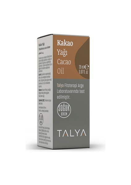 Kakao Yağı, Soğuk Sıkım, %100 Saf ve Doğal, Doğal Bronzluk, 20 ml