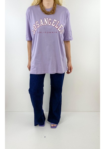 Baskılı Lila Oversize T-Shirt