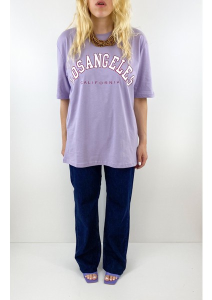 Baskılı Lila Oversize T-Shirt modelleri