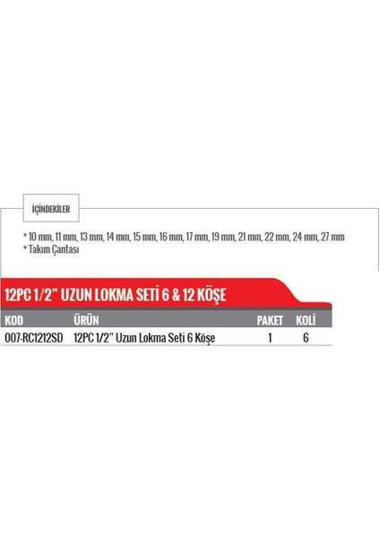 007-RC1212SD 1/2 Parça 6 Köşeli Uzun Lokma Seti Takımı