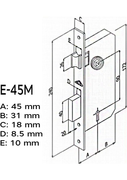 Hok E-45M Ekstra Gömme Kilit Iç Kapı Kilidi Oval Köşeli 45 mm