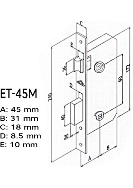 Hok ET-45M Ekstra Gömme Kilit Wc Banyo Kilidi Oval Köşeli  45 mm