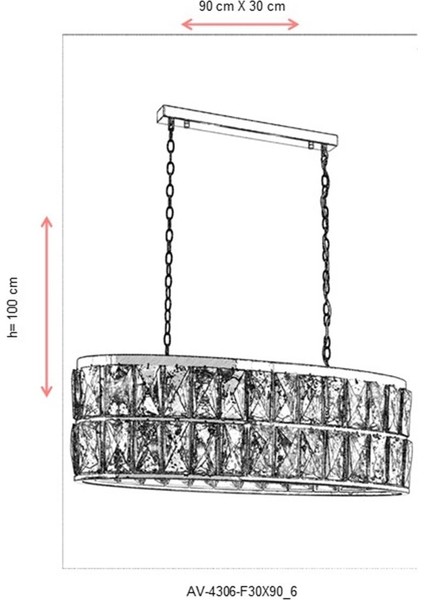 AV-60302-F30X90 Siyah Boyalı Klasik Avize E14 Metal Kristal 90x30cm