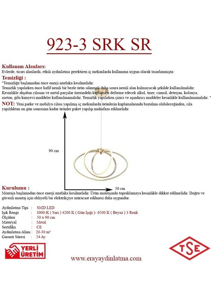 923-3 Sarı Sarkıt LED Avize(Beyaz Işık -Sarı Işık - Gün Işığı)
