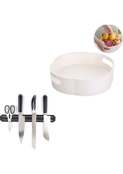 360 Derece Dönebilen Mekanizmalı Yuvarlak Tepsi Formlu Organizer + Manyetik Bıçak Askısı 33 cm