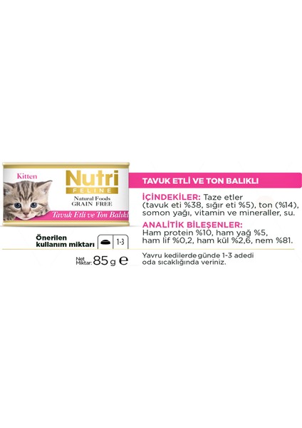 Nutri Feline Tavuklu&ton Balıklı 85GR Kitten Nutri Yaş Kedi Maması 12ADET