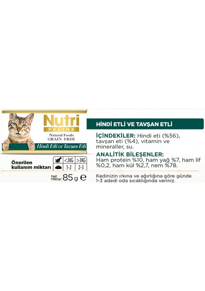 Nutri Feline Hindili&tavşanlı 85GR Nutri Yaş Kedi Maması 12ADET