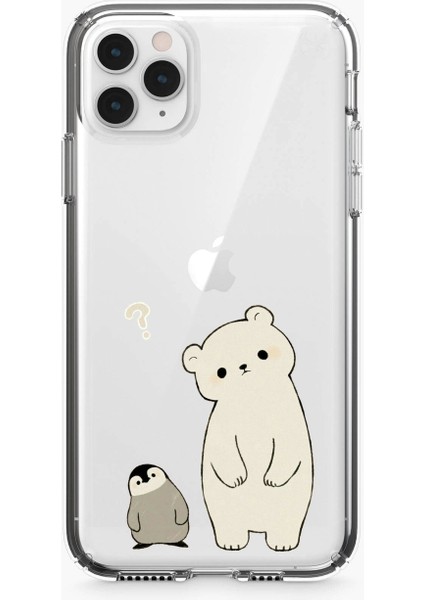 iPhone 11 Pro Max Penguen ve Ayıcık Desenli Şeffaf Telefon Kılıfı