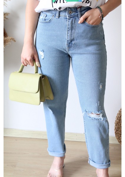 Yırtık Yüksek Bel Mom Jean