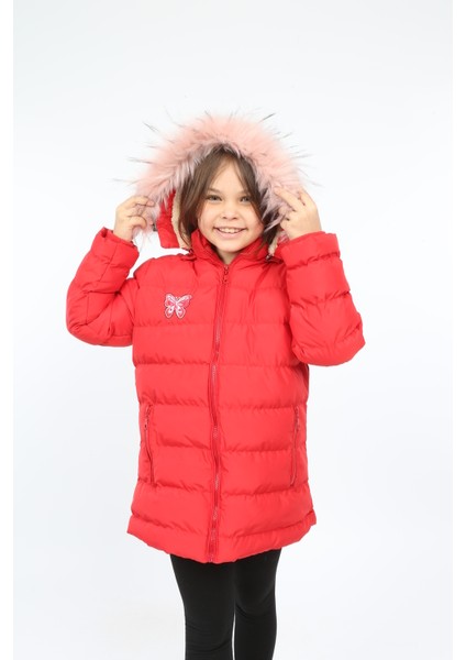Kırmızı Renkli Çıkarılabilir Kapüşonlu Şişme Kız Çocuk Montu fiyatları