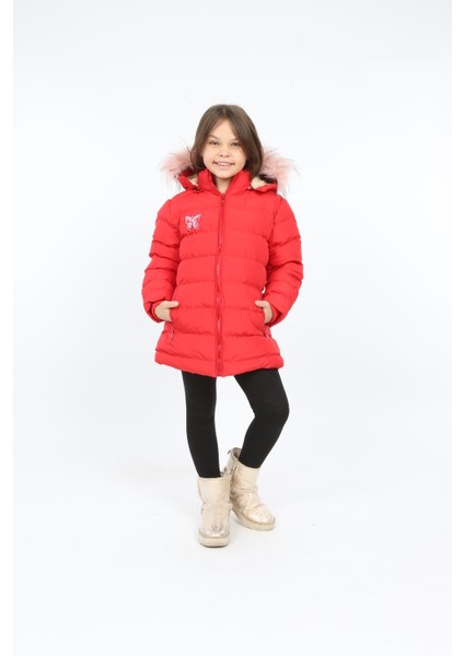 Kırmızı Renkli Çıkarılabilir Kapüşonlu Şişme Kız Çocuk Montu modelleri