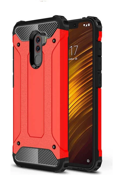 Case 4U Xiaomi Pocophone F1 Kılıf Military Armor Çift Katmanlı Crash Silikon Kılıf Kırmızı