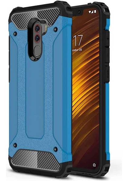 Case 4U Xiaomi Pocophone F1 Kılıf Military Armor Çift Katmanlı Crash Silikon Kılıf Mavi