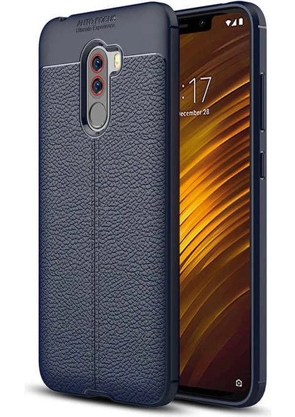 Case 4U Xiaomi Pocophone F1 Kılıf Rugan Armor Deri Görünümlü Yüksek Kalite Silikon Niss Lacivert