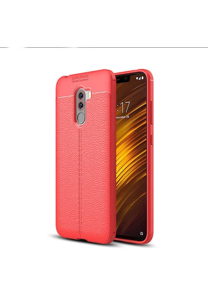 Case 4U Xiaomi Pocophone F1 Kılıf Rugan Armor Deri Görünümlü Yüksek Kalite Silikon Niss Kırmızı