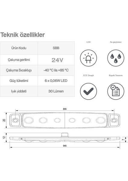 24V Üniversal Parmak 6 LED Basamak Beyaz SBB24W6 modelleri