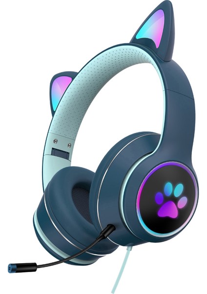 AKZ-022 Kedi Kulak Tasarım Katlanabilir LED Kulaklık Mavi (Yurt Dışından)