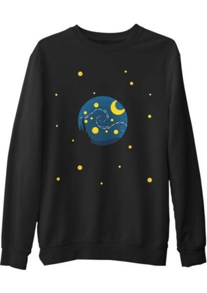 Lordd T-Shirt Planet And Moon Siyah Erkek Kalın Sweatshirt