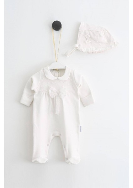 3564 Kız Bebek Krem Fiyonklu Güpürlü Tulum Şapka Set