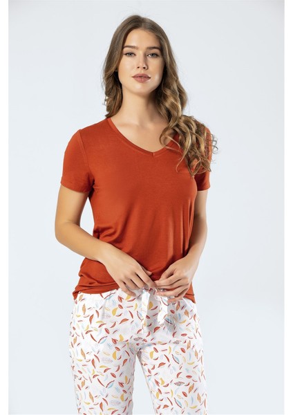3334 Kadın Dokuma Yapraklı Kısa Kollu Pijama Takım Kiremit