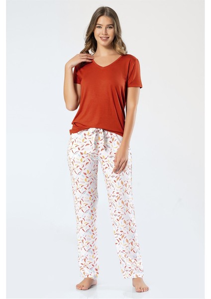 3334 Kadın Dokuma Yapraklı Kısa Kollu Pijama Takım Kiremit