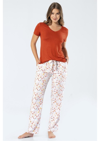 3334 Kadın Dokuma Yapraklı Kısa Kollu Pijama Takım Kiremit