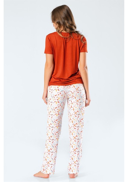 3334 Kadın Dokuma Yapraklı Kısa Kollu Pijama Takım Kiremit