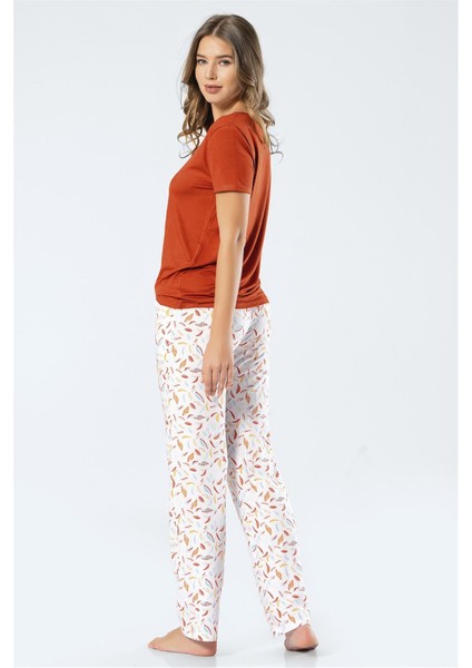 3334 Kadın Dokuma Yapraklı Kısa Kollu Pijama Takım Kiremit