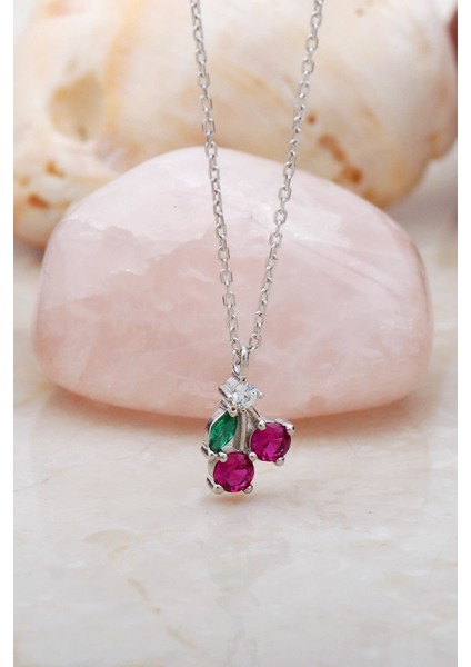 Kiraz Rodyumlu Mini Gümüş Kolye