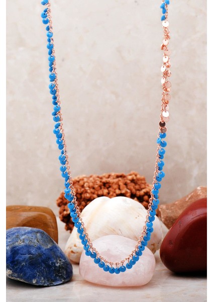 Pullu Turkuaz Taşlı Rose Gümüş Kolye