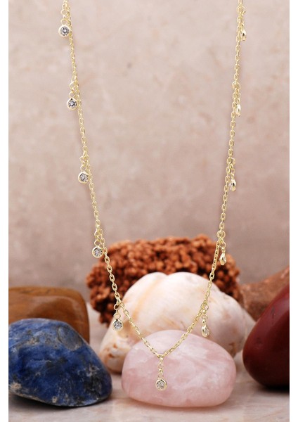 Seyrek Taşlı Altın Yaldızlı Gümüş Choker Kolye