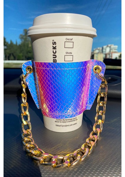 Kadın Hologram Zincirli Coffee Cup Sleeve Deri Bardak Tutacağı