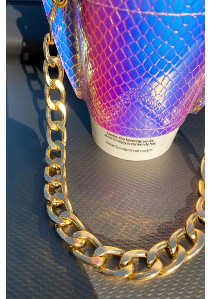 Kadın Hologram Zincirli Coffee Cup Sleeve Deri Bardak Tutacağı