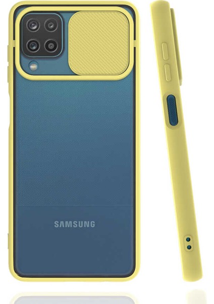 - Samsung Galaxy A12 - Kılıf Slayt Sürgülü Arkası Buzlu Lensi Kapak - Sarı - T18094