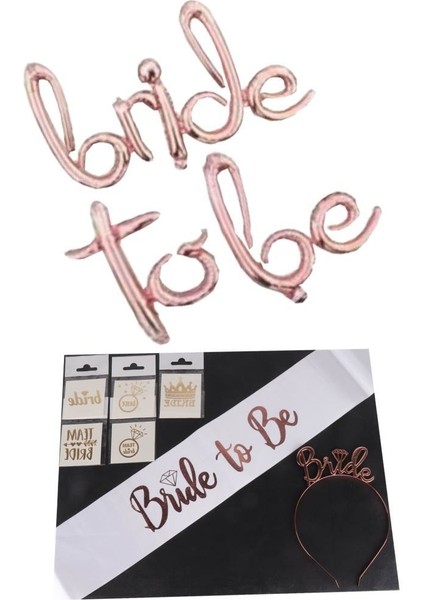 Beysus Bride To Be Set 5 Dövme Tac Kuşak ve Bride To Be El Yazısı Balon Rose Gold