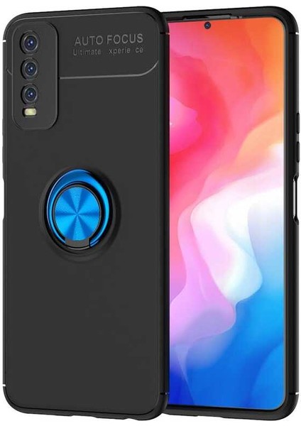 Case 4U Vivo Y20S Kılıf Autofocus Shockprof Ravel Yüzüklü Standlı Slikon Kapak Siyah - Mavi