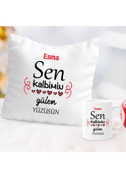 Sen Kalbimin Gülen Yüzüsün Isme Özel Kupa ve Yastık Set