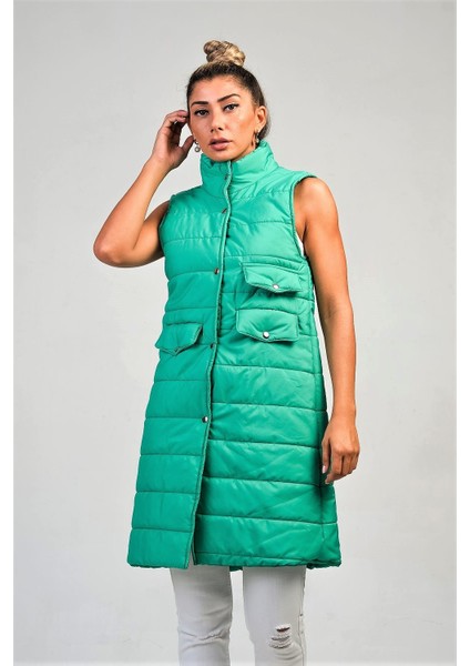 Kadın Yeşil Dik Yaka Cep Detaylı Uzun Şişme Yelek fiyatları
