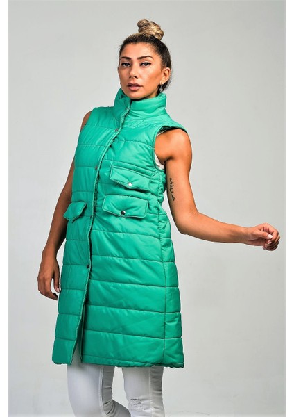 Kadın Yeşil Dik Yaka Cep Detaylı Uzun Şişme Yelek fırsatları