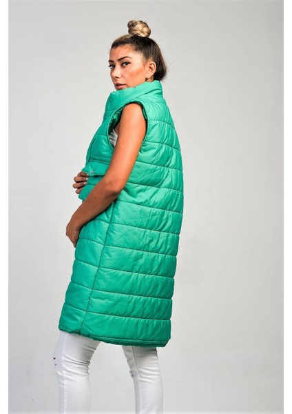 Kadın Yeşil Dik Yaka Cep Detaylı Uzun Şişme Yelek indirimleri