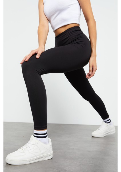 Siyah Kadın Yüksek Bel Streç Slim Fit Dar Paça Tayt-94545_1