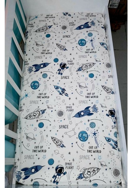 Pamuklu Bebek ve Çocuk Lastikli Çarşaf Uzay Desen 50x90 cm