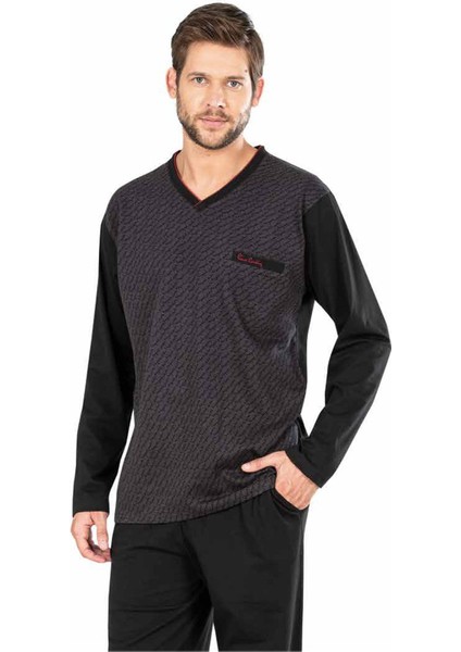 5474 Uzun Kollu Jakarlı Erkek Pijama Takımı-Siyah