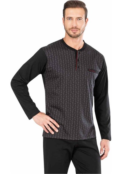 5469 Uzun Kollu Jakarlı Erkek Pijama Takımı-Siyah