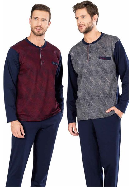 5473 Uzun Kollu Jakarlı Erkek Pijama Takımı-Bordo