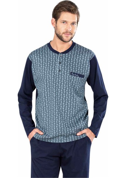 5469 Uzun Kollu Jakarlı Erkek Pijama Takımı-Lacivert