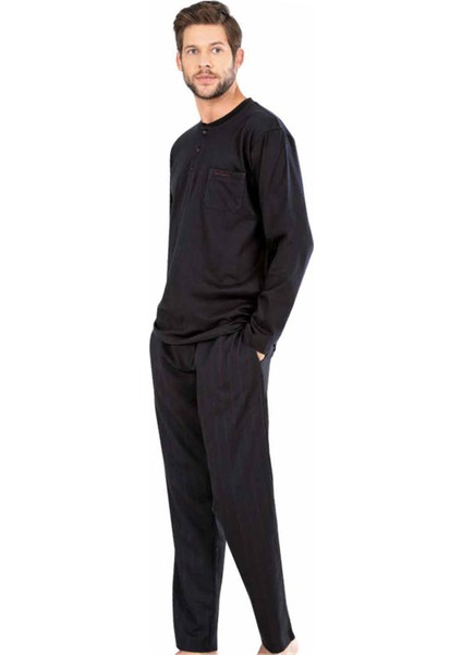 5477 Uzun Kollu Pamuklu Erkek Pijama Takımı-Lacivert