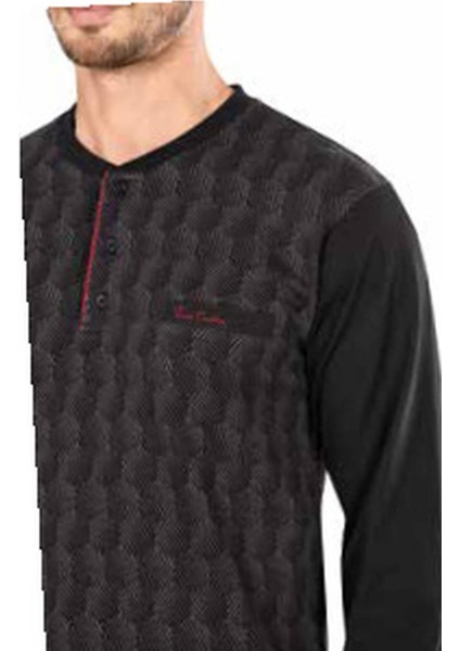 5468 Uzun Kollu Jakarlı Erkek Pijama Takımı-Siyah